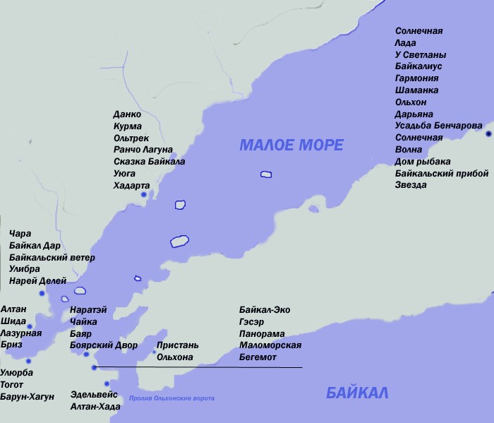 Где находится байкальский залив. Карта малого моря Байкал с бухтами. Карта малого моря Байкал с турбазами. Турбазы на Байкале Малое море на карте. Залив Мухор на Байкале на карте.
